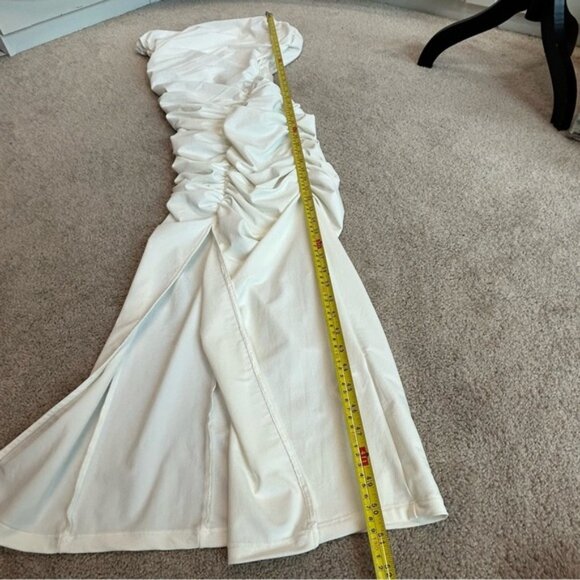 Zara white draped ruched one shoulder asymmetrical bodycon midi dress high slit - Picture 7 of 11